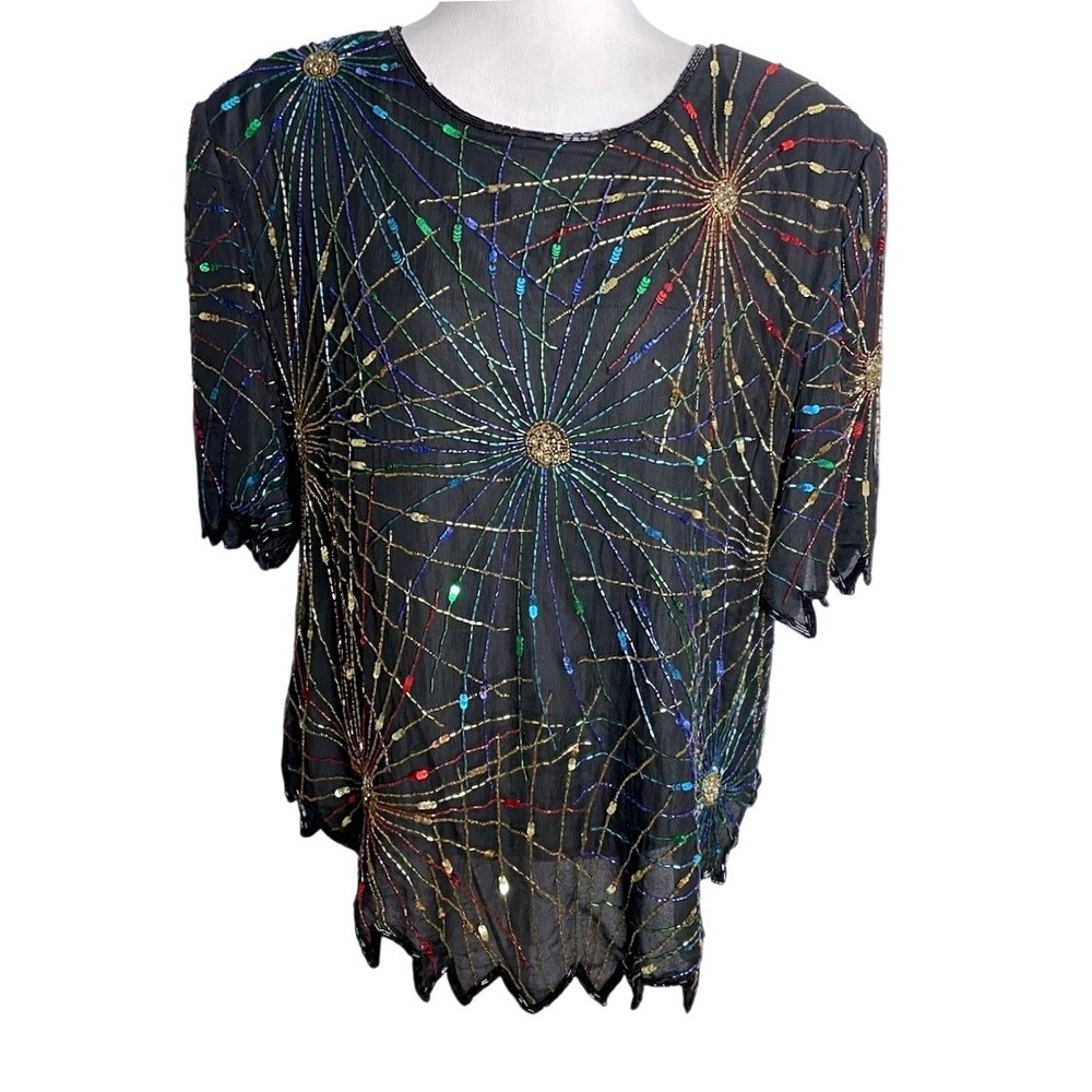 VTG Lawrence Kazar Black Silk Beaded Starburst Blouse Top Cocktail Formal 3X